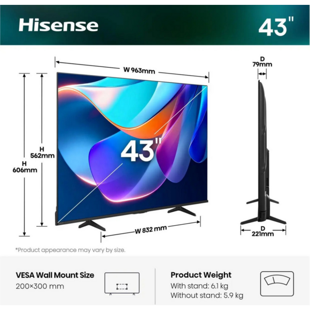 Hisense 43A6STUK 43 inch 4K AI Smart TV Black