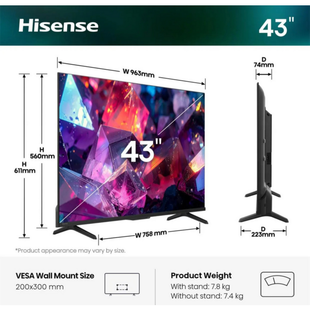 Hisense 43E7STUK 4K Ultra HD 144Hz Hi-QLED TV Black