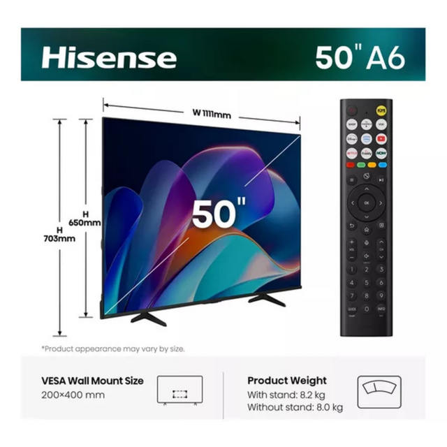 Hisense 50A6STUK 50inch 4K Ultra HD AI Smart TV Black