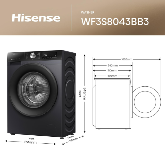 Hisense WF3S8043BB3 8kg 1400 Spin Washing Machine Black