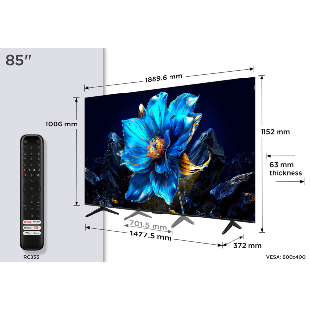 TCL 85P7K-UK 85inch QLED Direct LED HDR Google TV