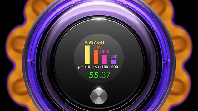 Dyson V15 Detect Absolute LCD screen displaying readout of dirt levels vacuumed up.